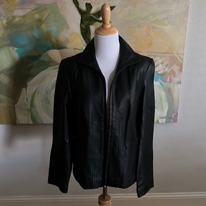 Anne Klein Black Leather Zip Front Jacket y2k medium